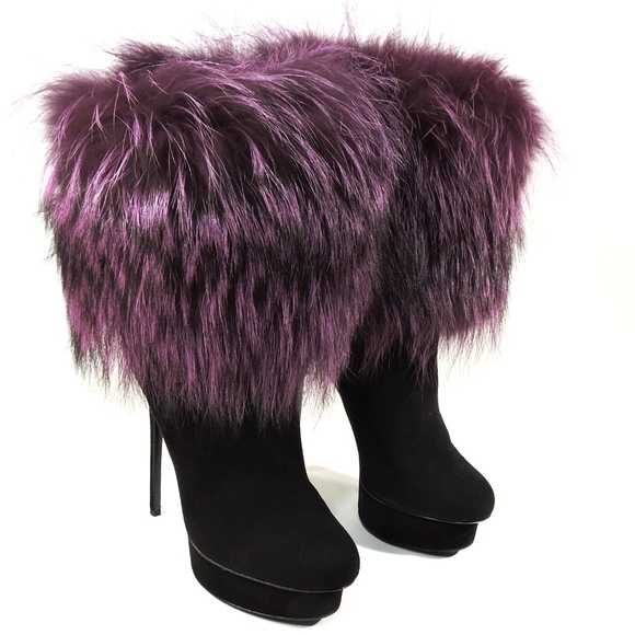 GIANMARCO LORENZI 🇮🇹 WOMEN'S BLACK SUEDE & FOX FUR FASHION BOOTIE - Picture 3 of 8